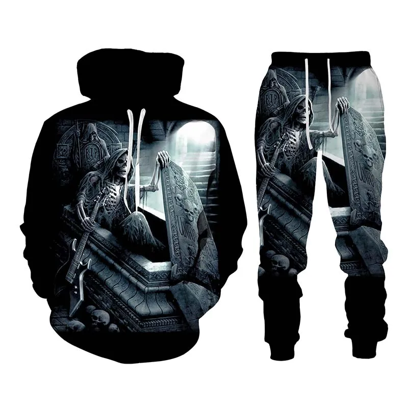 Vintage Gothic Skull Pattern 3D Print Men Tracksuit Sets Casual Hoodie+Pants 2pcs Sets Oversized Sweatshirt Trend Men Clothing