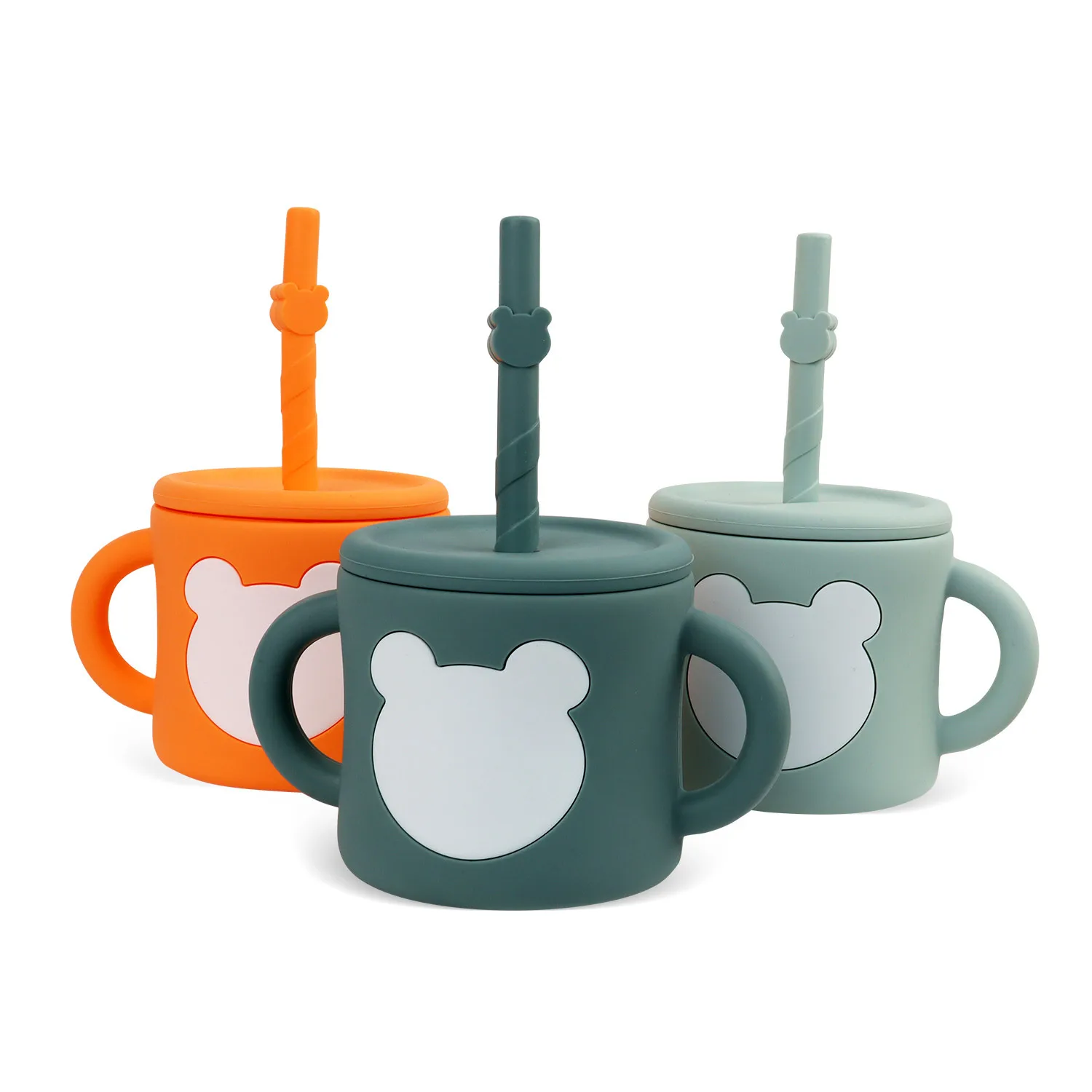 Silicone Water Cups,Learning Drink Cup with Straw, Anti Drop Double Handle Graduated Straight Drink Cup,Anti Drop, Birthday Gift