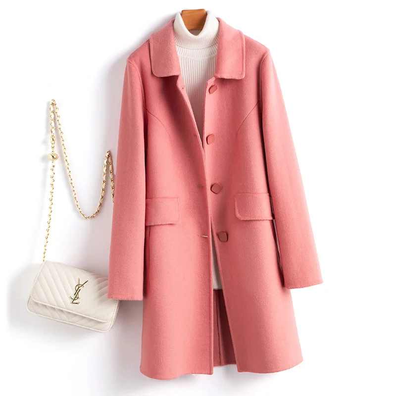 

2023 Autumn Winter Slim Mid-length Double Sided Wool Jacket Women Outerwear Solid Color Big Pocket Long Sleeve Wool Coat Female