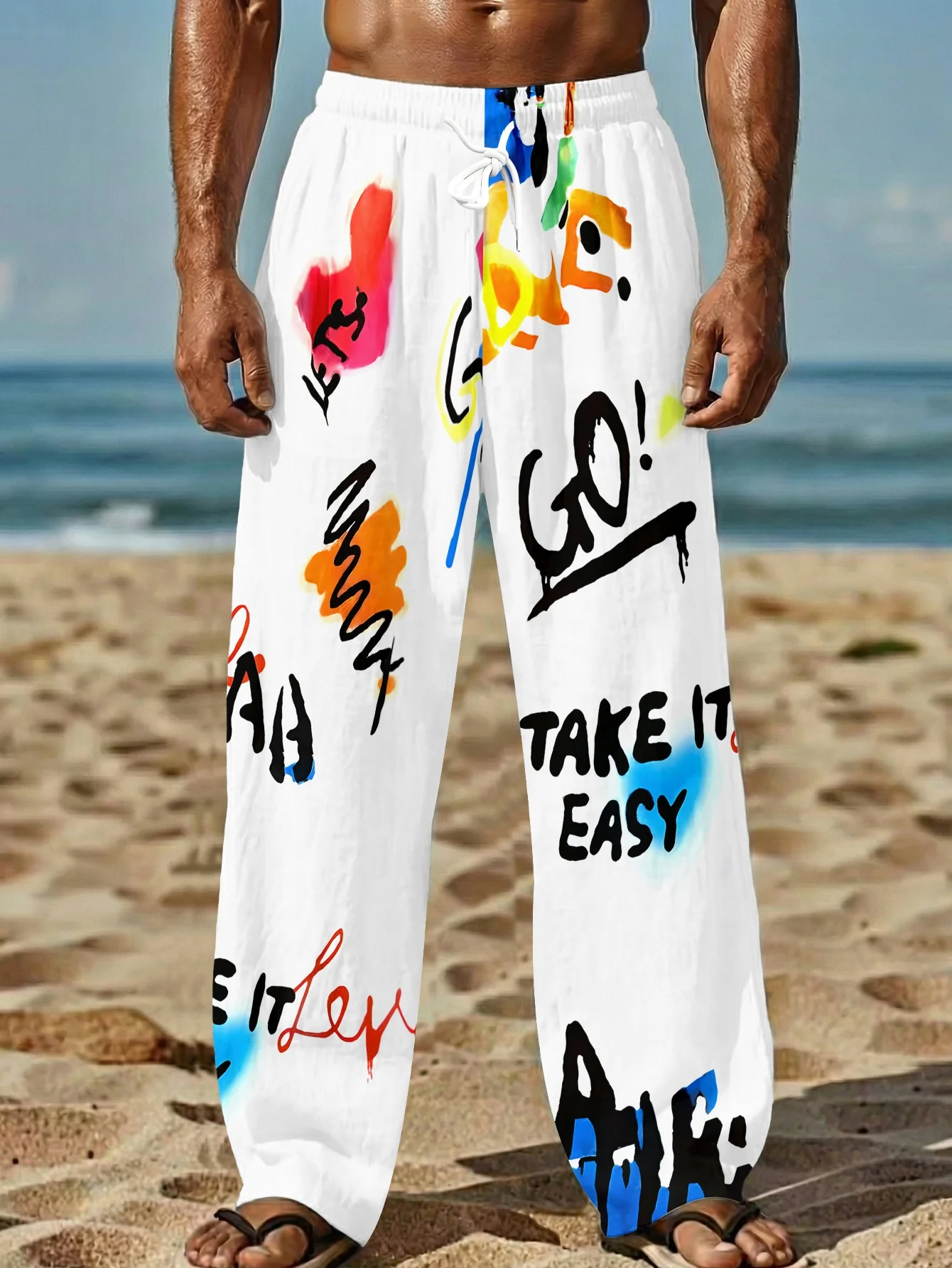 

2026 Summer New Arrival Men's White Graffiti Print Beach Pants Lightweight Breathable Elastic Waist Casual Trousers Kids