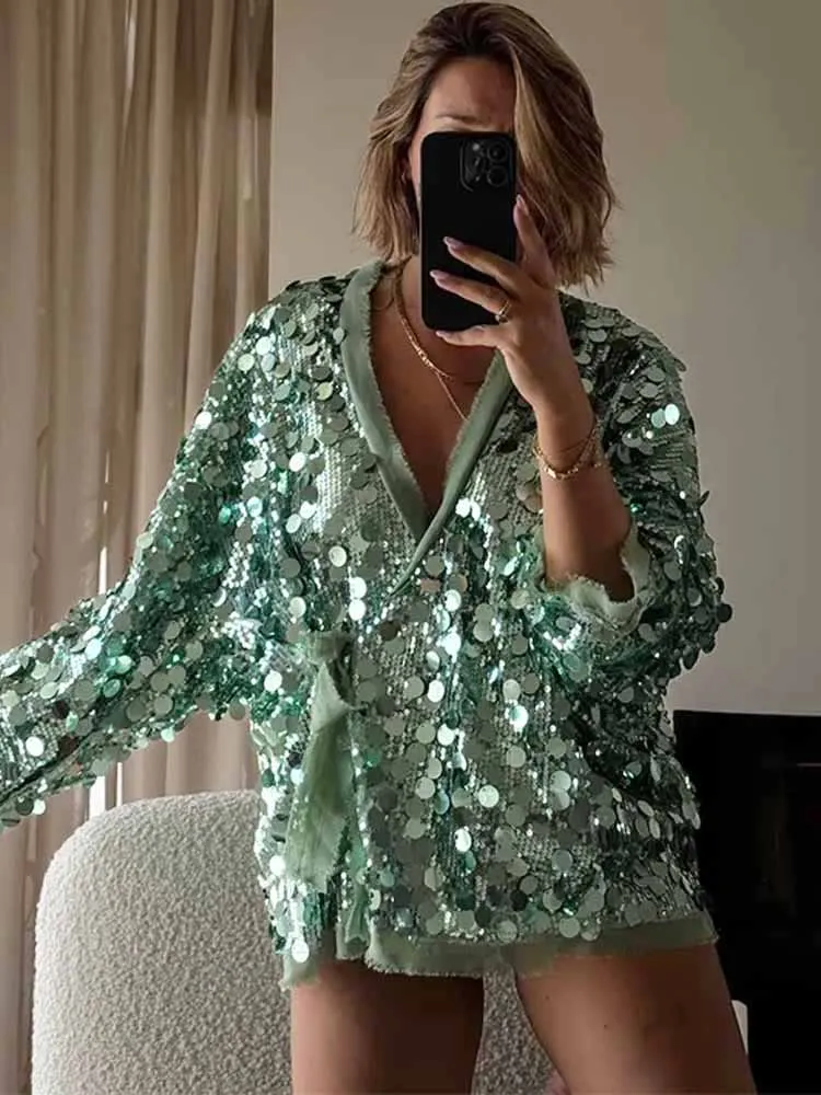

Chic Sparkling V-Neck Loose Jacket Women Sequins Lace Up Casual Long Sleeve Cardigans Y2K Beach Party Lady Outwear 2025 Autumn