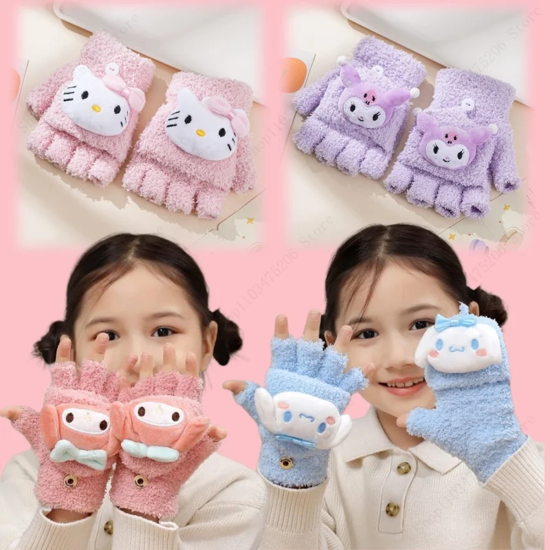 New Children Flip Glove Cute HelloKittys Kuromi Cinnamoroll Half Finger Glove Boy Girls Writing Warm Gloves Knitted Glove