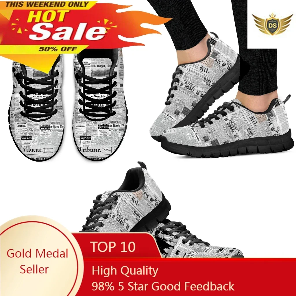 Vintage Newspaper Printing Lace Up Casual Sneaker For Women Fashion Light Walk Flat Shoe Breathable Mesh Footwear