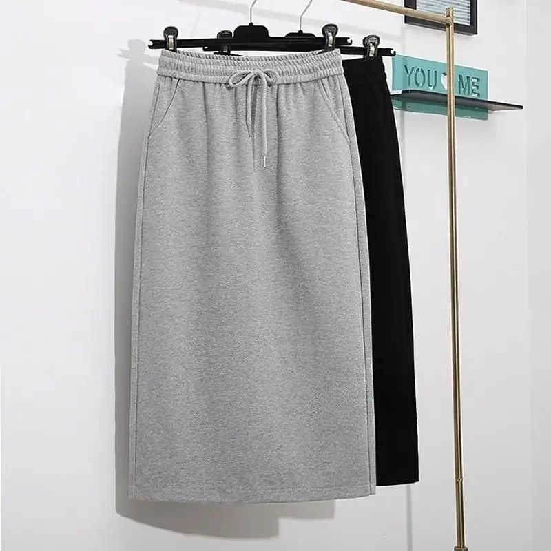 2024 Spring and Autumn Simple and Fashionable Versatile High Waist Lace Up Pocket Covering Crotch Slim Split Straight Half Skirt
