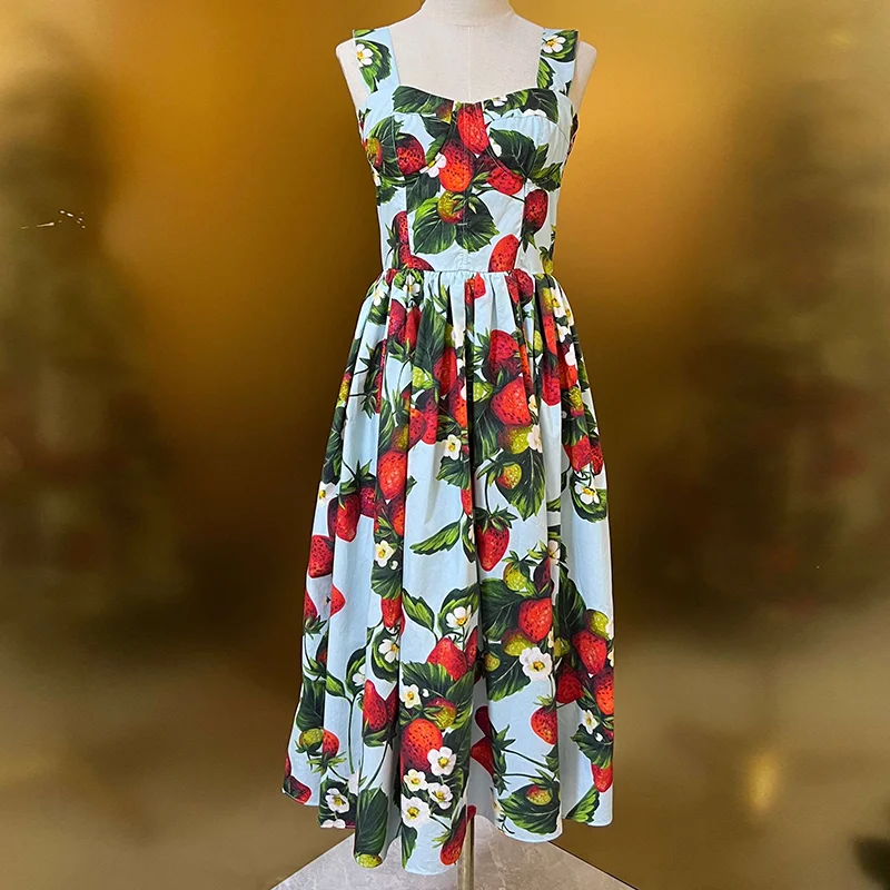 2023 Fashion Designer Summer Cotton Women Spaghetti Strap Strawberries Floral Print Bohemian Vacation Party Dresses