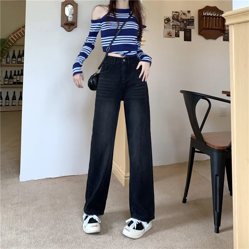 

Black High Waist Women's Jeans Vintage American Fashion Solid Wide Leg Jean Female 2024 NEW Denim Trouser Baggy Denim Pants