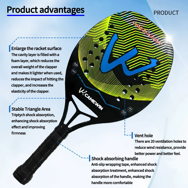The new 12k carbon Beach tennis racket Professional Full carbon fiber rough surface With protective bag sweat band wrist care view 2