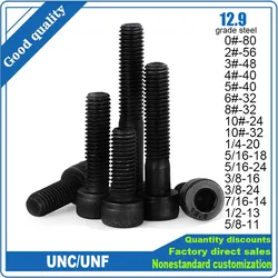 1/20Pcs UNC UNF 0# 2# 3# 4# 5# to 10# 1/4-20 5/16 to 5/8-11 Black 12.9 Grade Steel Hex Hexagon Socket Allen Head Cap Bolt Screw