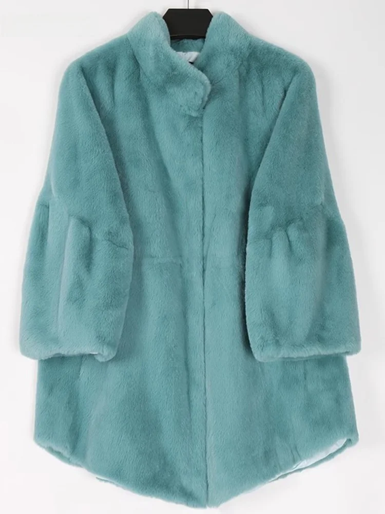 Nerazzurri Young Style Women's Mid-Length Jacket Fake Fur Coat Rabbit Fur 2023 New Winter Coat Standard Version Commute Style
