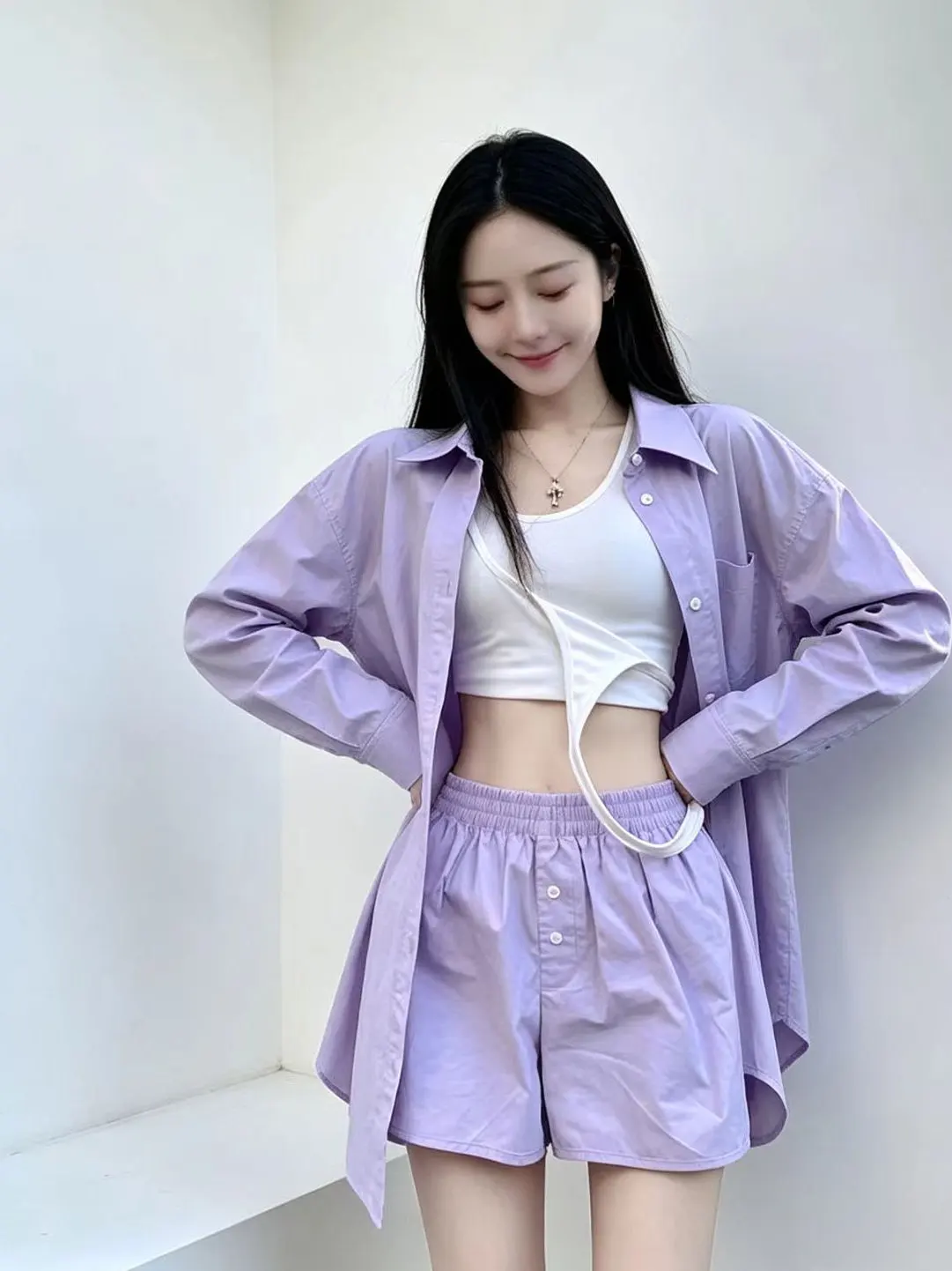 

Purple Long Sleeve Shirt Women's Fashion Sport Sun Protection Set Summer New Arrival Match Short Pants Casual Leisure Outfit