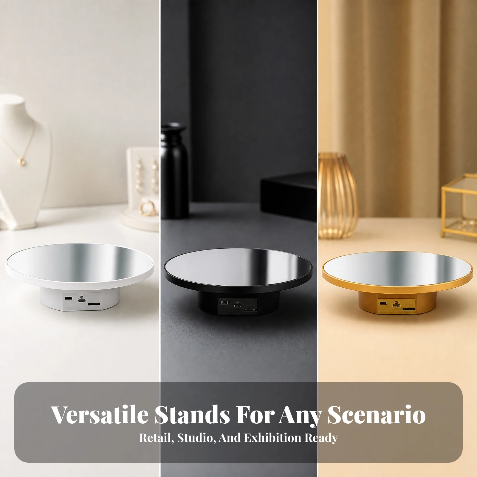 Rotating Stand Adjustable-Speed Rotating Display Turntable with Mirror Top Motorized Display Support for Photographers