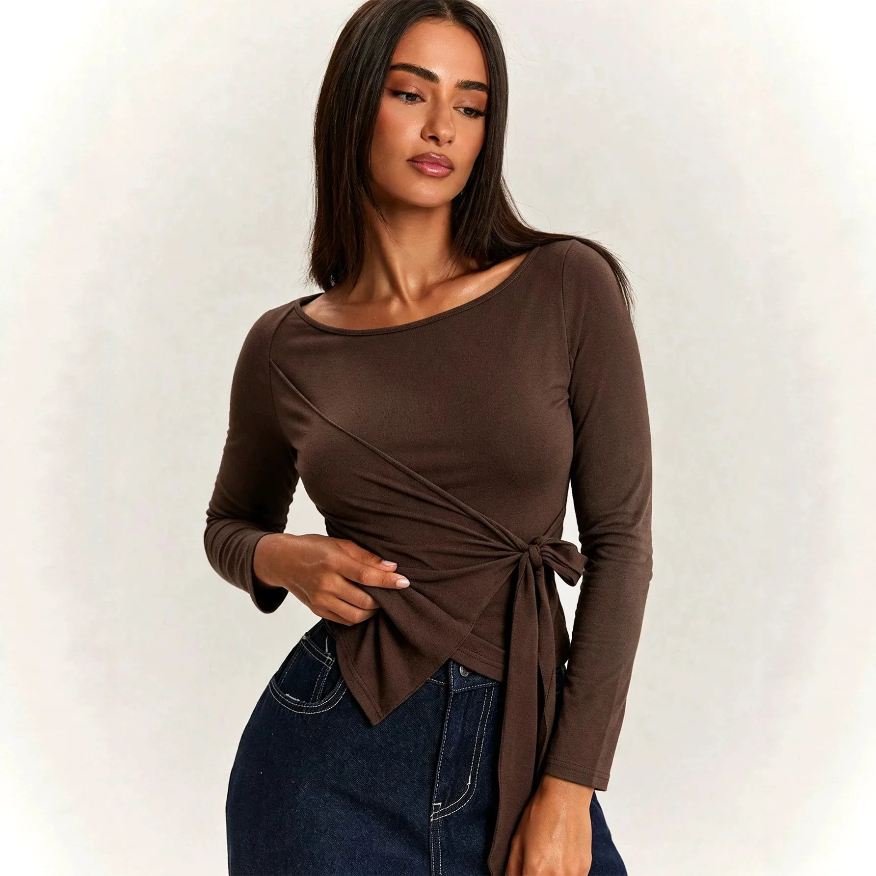 Vintage One Shoulder Long Sleeve T Shirt Side Tie Waist Irregular Hem Slim Fit Top