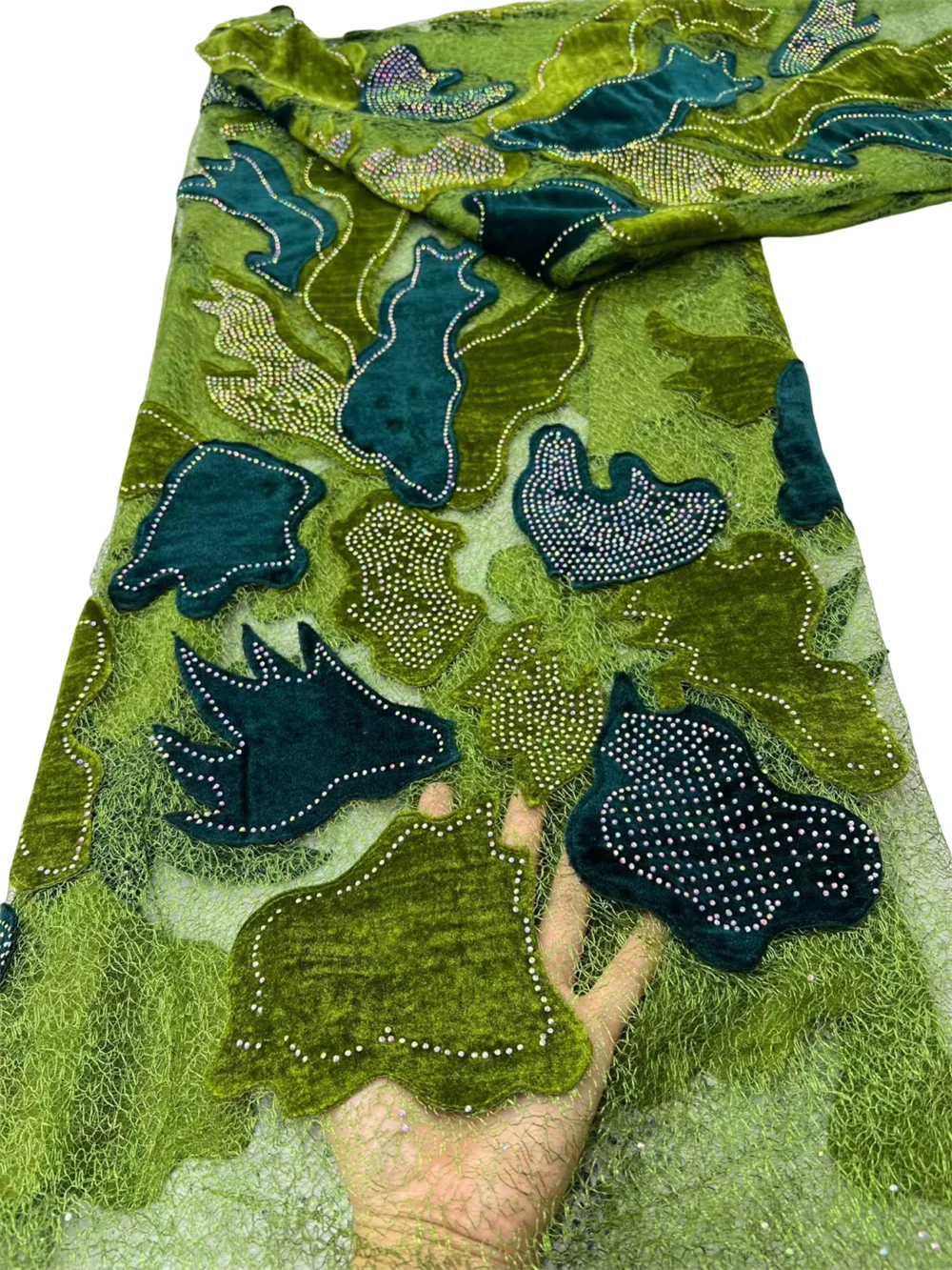Green Multicolor African Velvet Stones Lace With Hollowed Out Flower Nigerian Fashionable Flannel Fabric Perfect For Events Robe