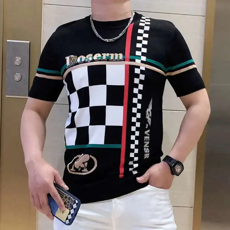 2022 High Quality Knitting Lattice Jacquard Men\'s T-Shirt Fashion Hot Drill Slim Fit Round Neck Knitting Short Sleeve Tee Shirts