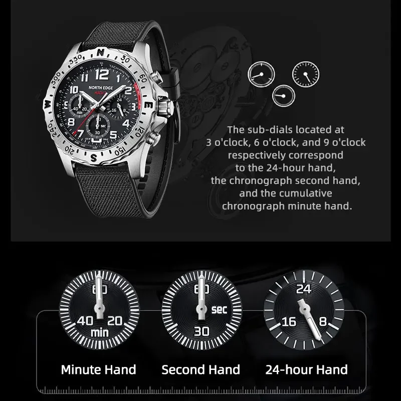 NORTH EDGE 2024 MACH 2 Men\'s Watches Solar Power 316 stainless steel Case Quartz Watch For Men Pilot Waterproof 50M Stopwatch