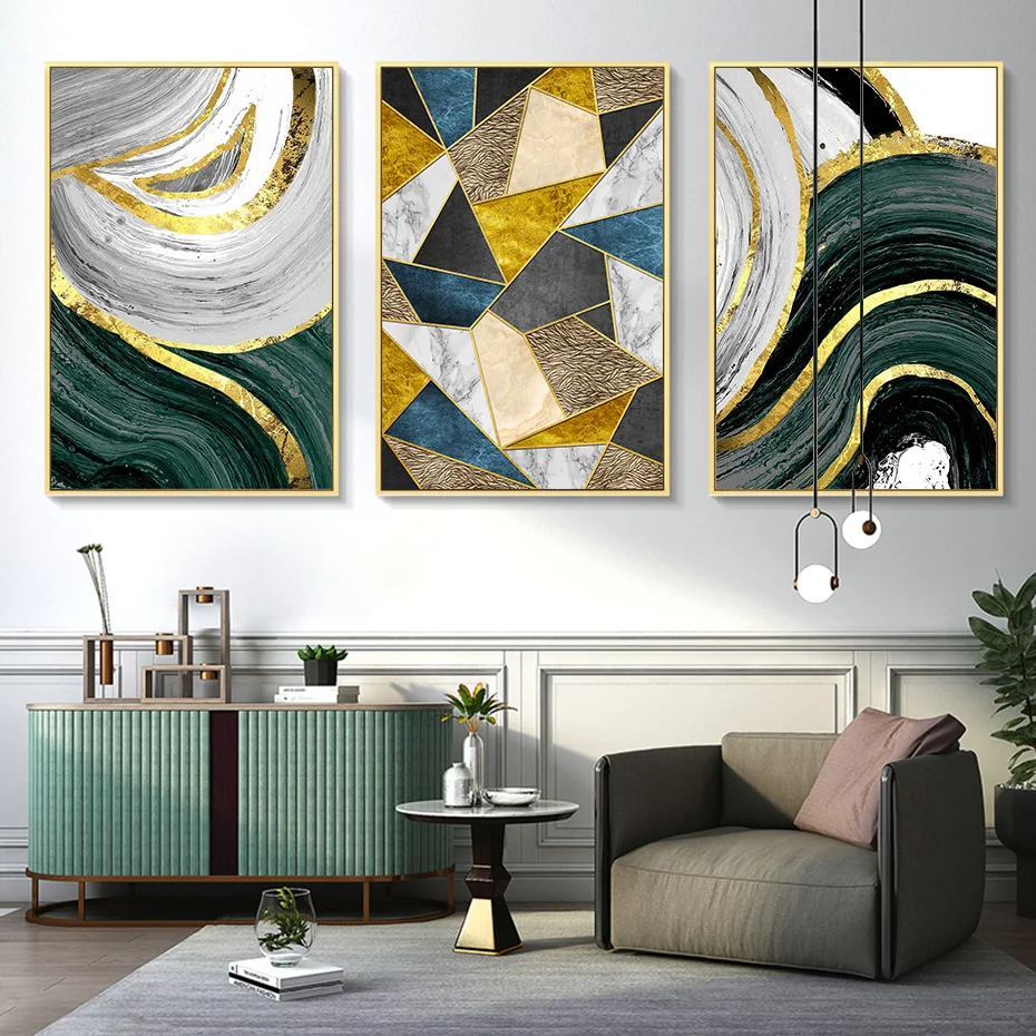 

Abstract Golden and Green Marble Canvas Painting Modern Poster and Print Geometric Wall Art Picture for Living Room Home Decor