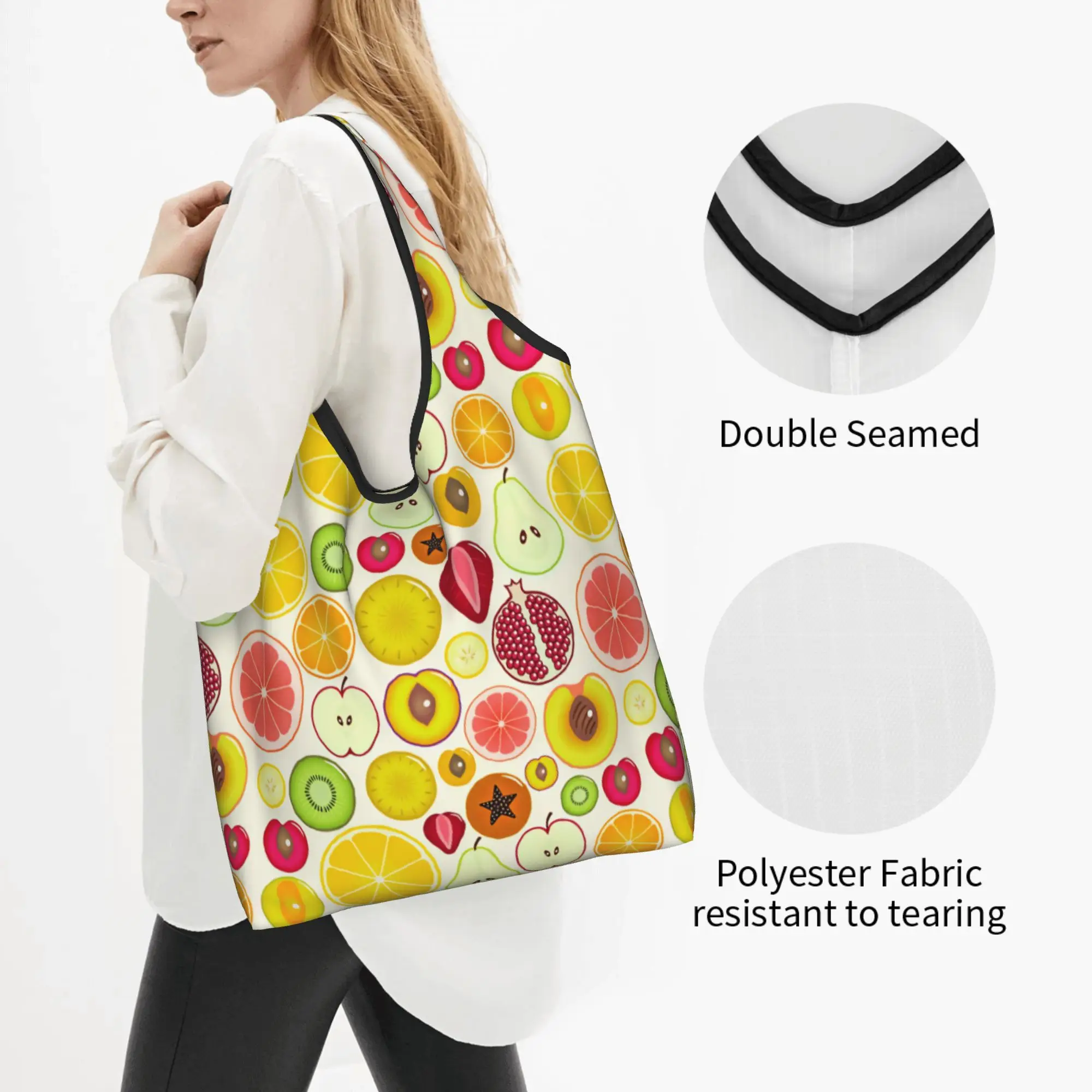 With Kiwi Lemon Orange Grapefruit Groceries Shopping Bags Custom Shopper Tote Shoulder Bag Apple Strawberry Cherry Handbag