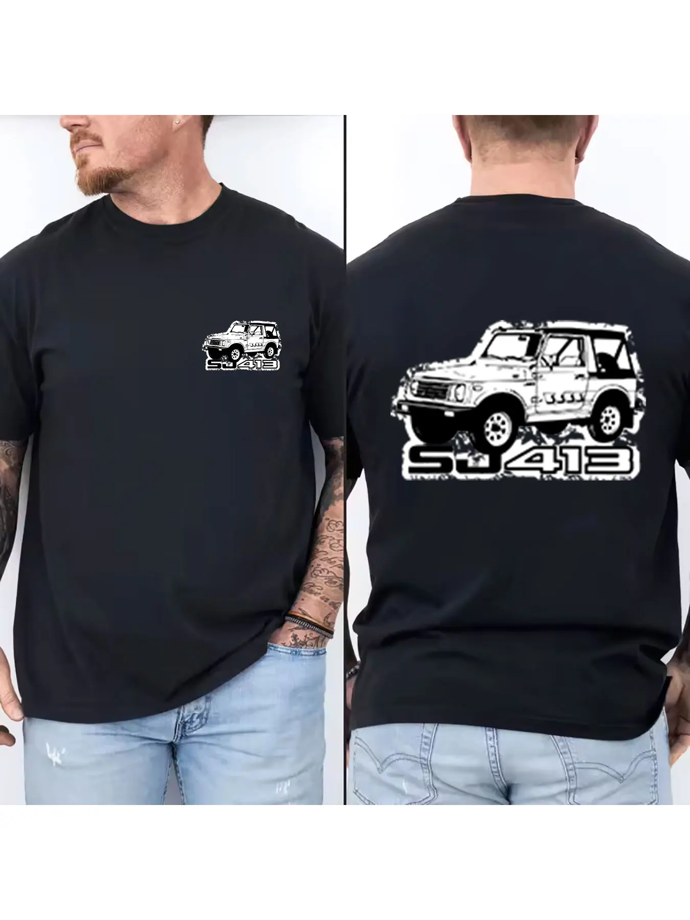 Men's Cotton Short Sleeve T-Shirt, Vintage SJ413 Off-Road Vehicle Graphic Print, Casual Breathable Tees for Outdoor Enthusiasts