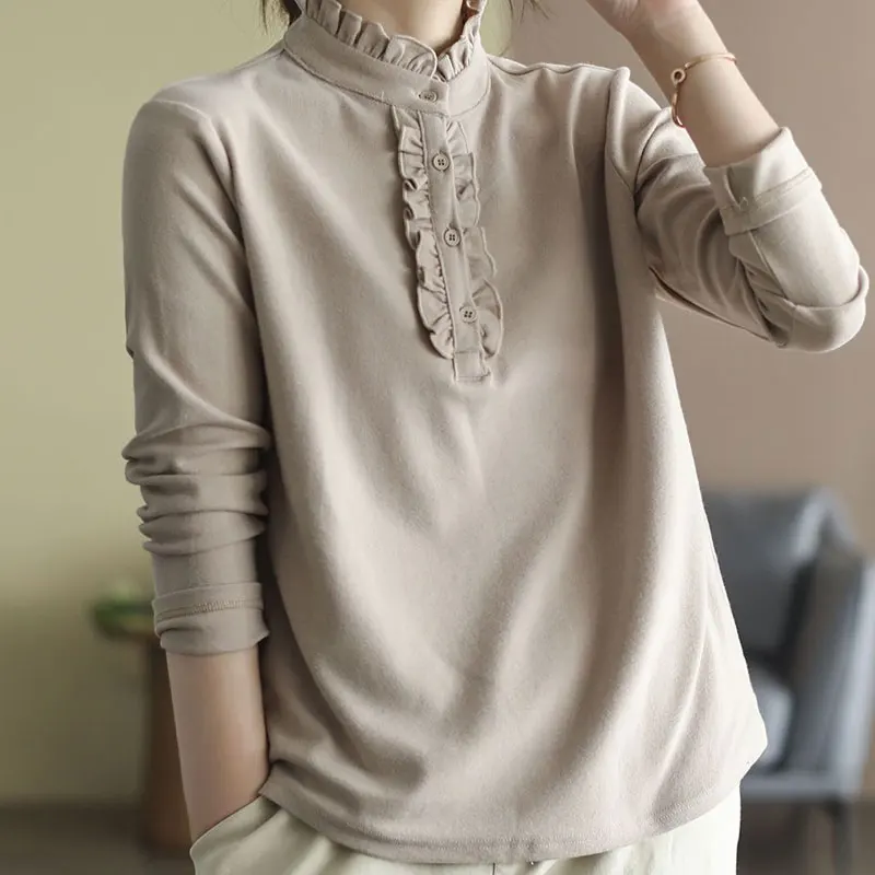 Solid Colour Stand Collar Autumn Winter Agaric Lace Long Sleeve T-Shirts Mercerized Cotton Button Loose Straight Women Plus Size