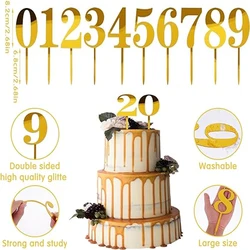 1Set 0-9 Number Gold Acrylic Cake Topper for Wedding Anniversary Birthday Party Cake Decoration Digital Cupcake Toppers Flag