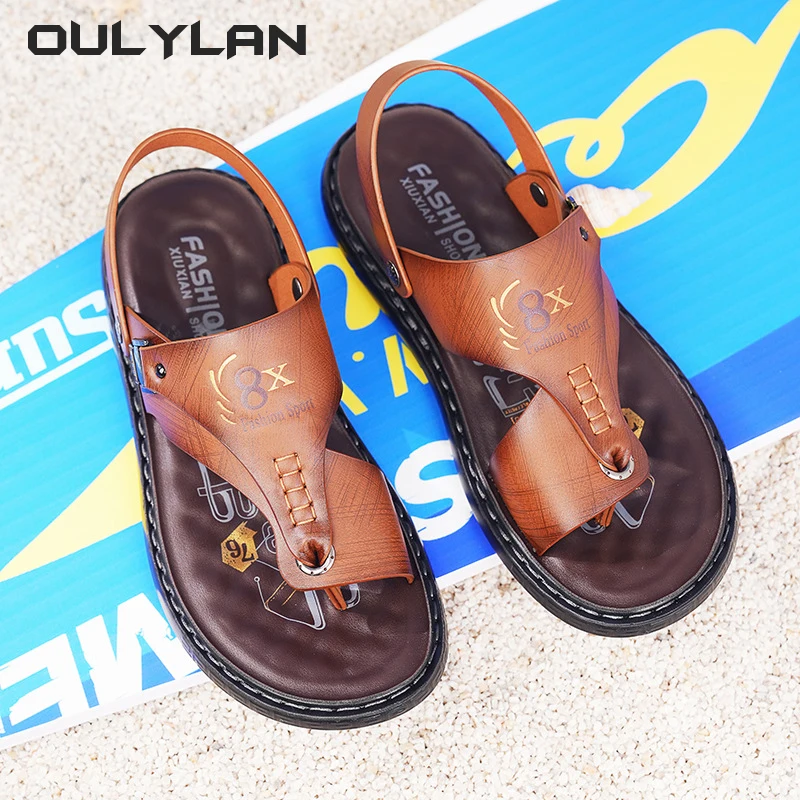 OULYLAN Fashion Breathable Men's Slippers Summer Water Trekking Beach Sandals Soft Sole Leather Shoes for Men Anti Slip Flip flo