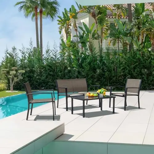 4 Pieces Patio Furniture Set Outdoor Garden Patio Conversation Sets Poolside Lawn Chairs with Glass Coffee Table Porch