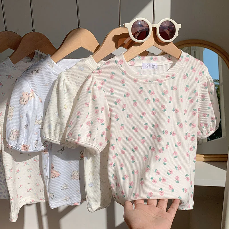 

2026 Children's New Summer Hot Selling Bubble Lantern Sleeve Floral Short Sleeved T-shirt