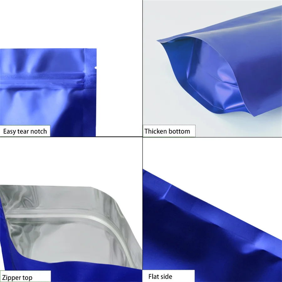 50/100PCS Matte Blue Stand Up Zipper Foil Pouches Tear Notch For Tea Coffee Nuts Cosmetic Dry Food Storage Bag