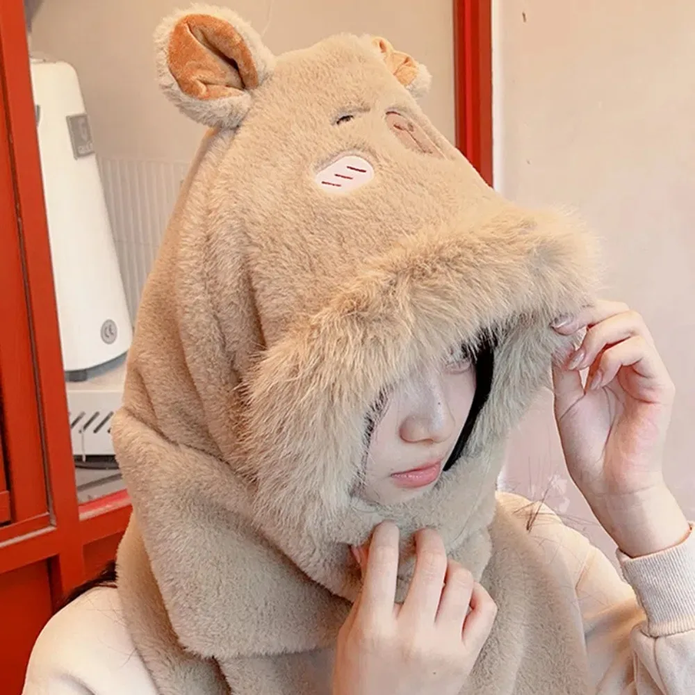 Faux Rabbit Hair Capybara Hat Scarf Gloves Set Cartoon Korean Style Plush Hooded Scarf Furry Windproof Big Pullover Hat Students