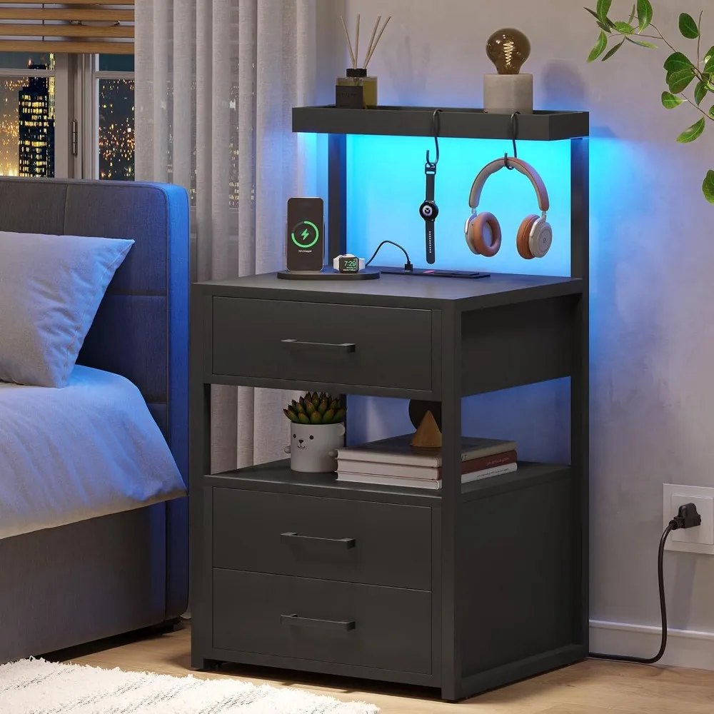 

Led Nightstand with Charging Station, 3 Drawers Night Stands with Led Lights, Black Bedside Tables with Storage Shelves