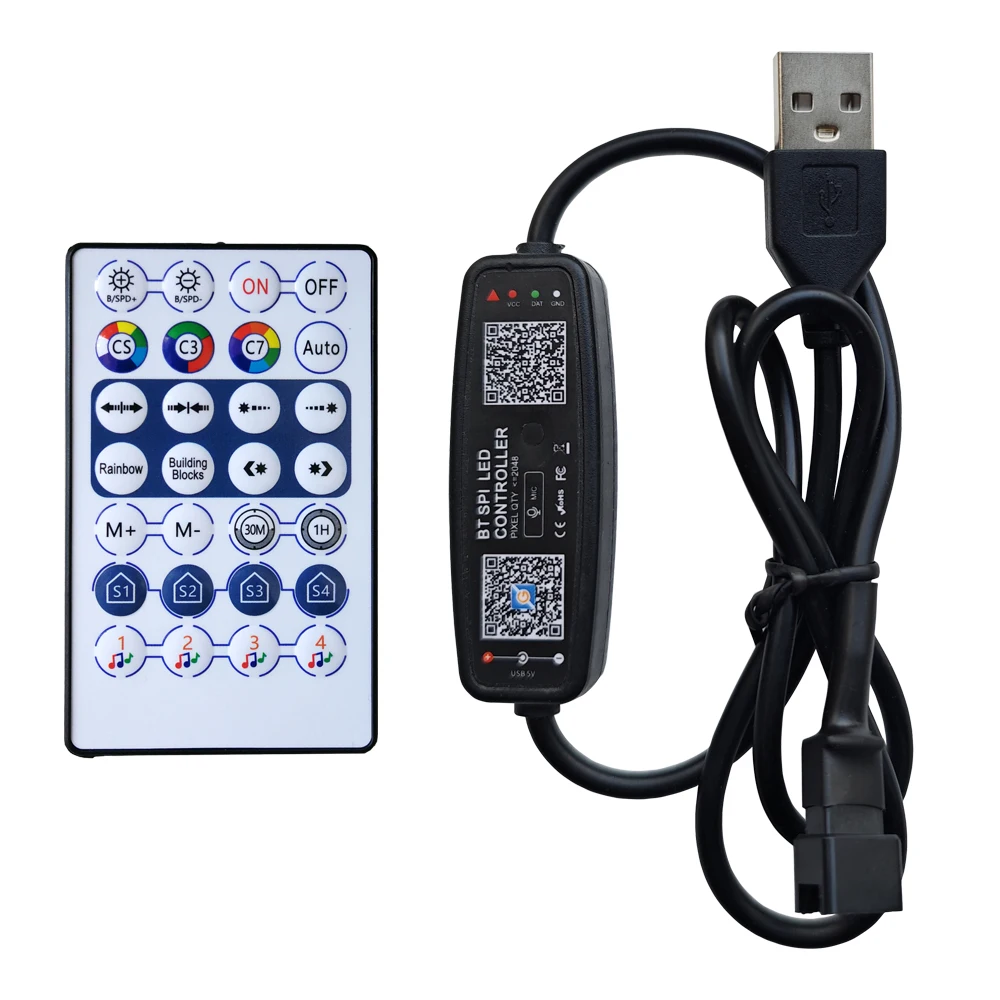 Controlador LED de botões com telecomando IR, Bluetooth, Microfone de música, Painel de luzes, RGB endereçável individualmente, 5050, DC5-24V, 28