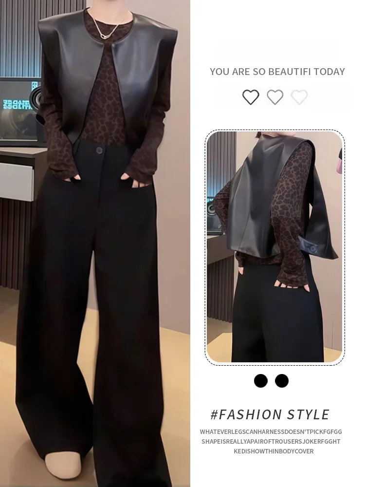 

Faionable Leopard Print round Ne Overhead Top And Knife Pants Set New Arrival Autumn 2026 Sweet Sle Women's Tee-Piece...