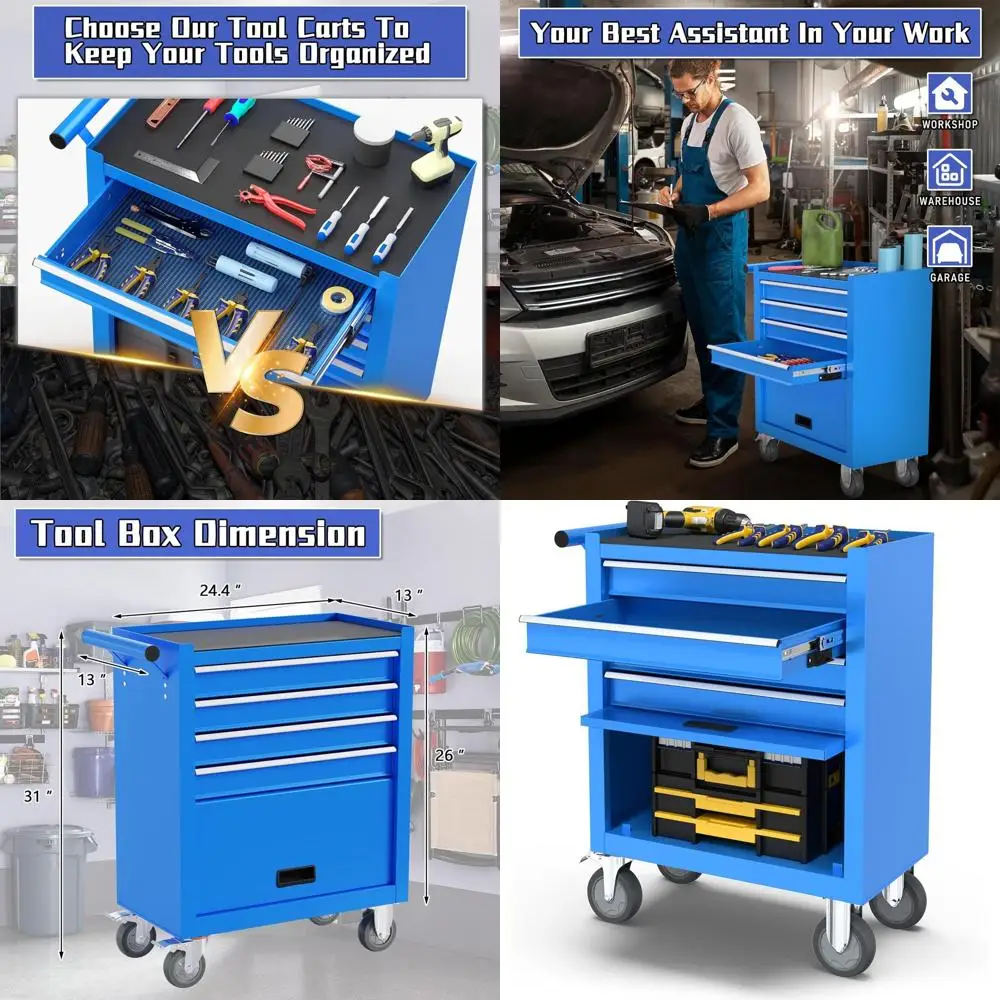 

Переносной металлический ящик для инструментов с 4 выдвижными ящиками, колесами и замком для гаража и мастерской