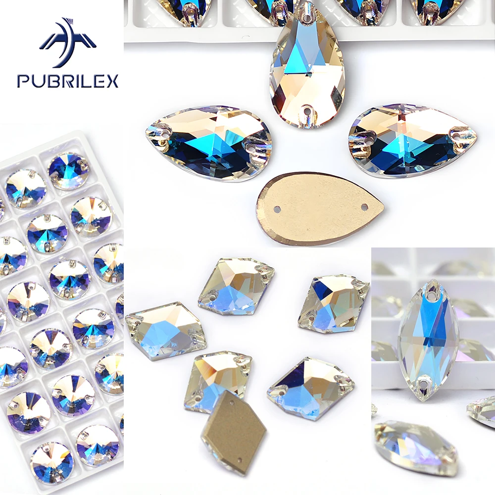 PUBRILEX Moonlight Mix Sizes Glitter Strass Sewing Crystals Flat Back Rhinestones Sewn On Glass Stones For Dress Decoration