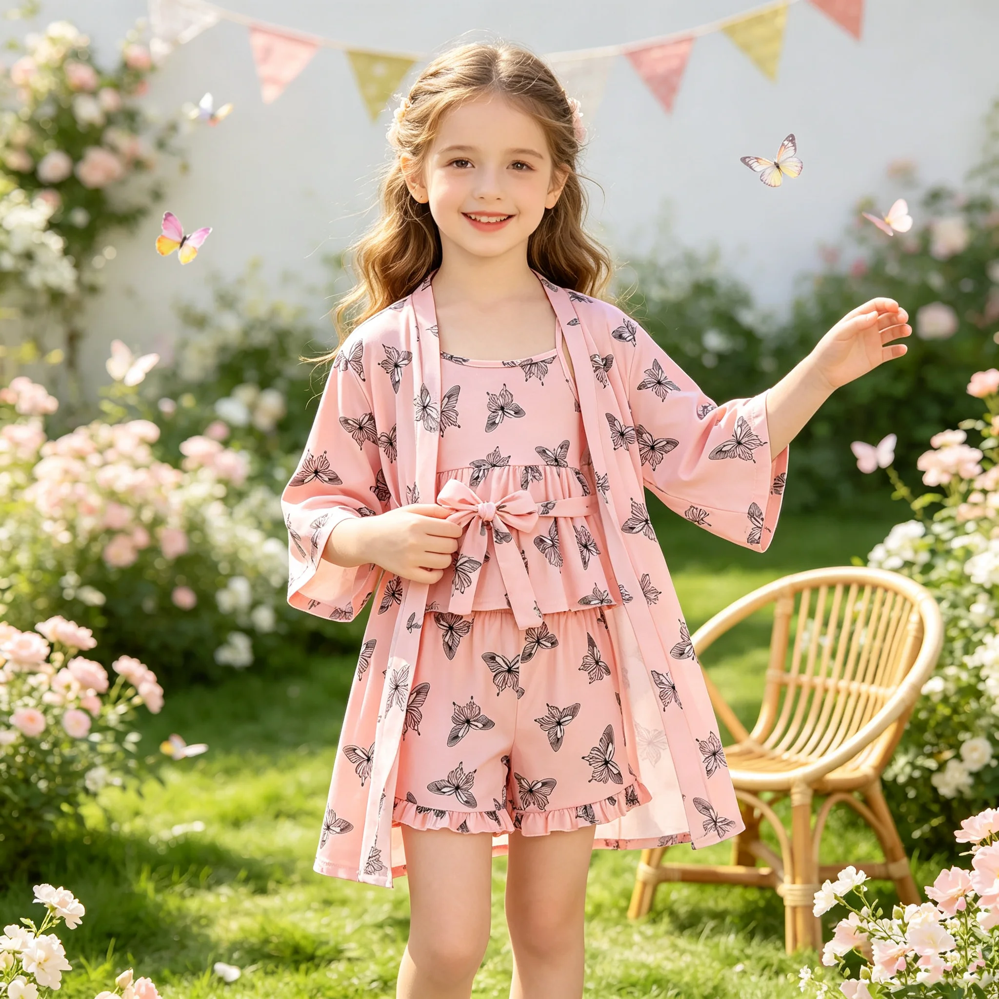 3pcs Kids Girls Butterfly Print Cami Top Ruffled Lace Shorts Bathrobe Set with Belt Allover Print Loungewear for Girls
