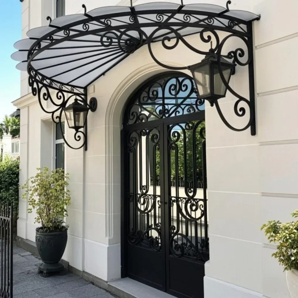 fgyEuropean-style Retro Villa Courtyard Home Awning Multi-functional Wrought Iron Forged Glass Canopy Canopy Metal