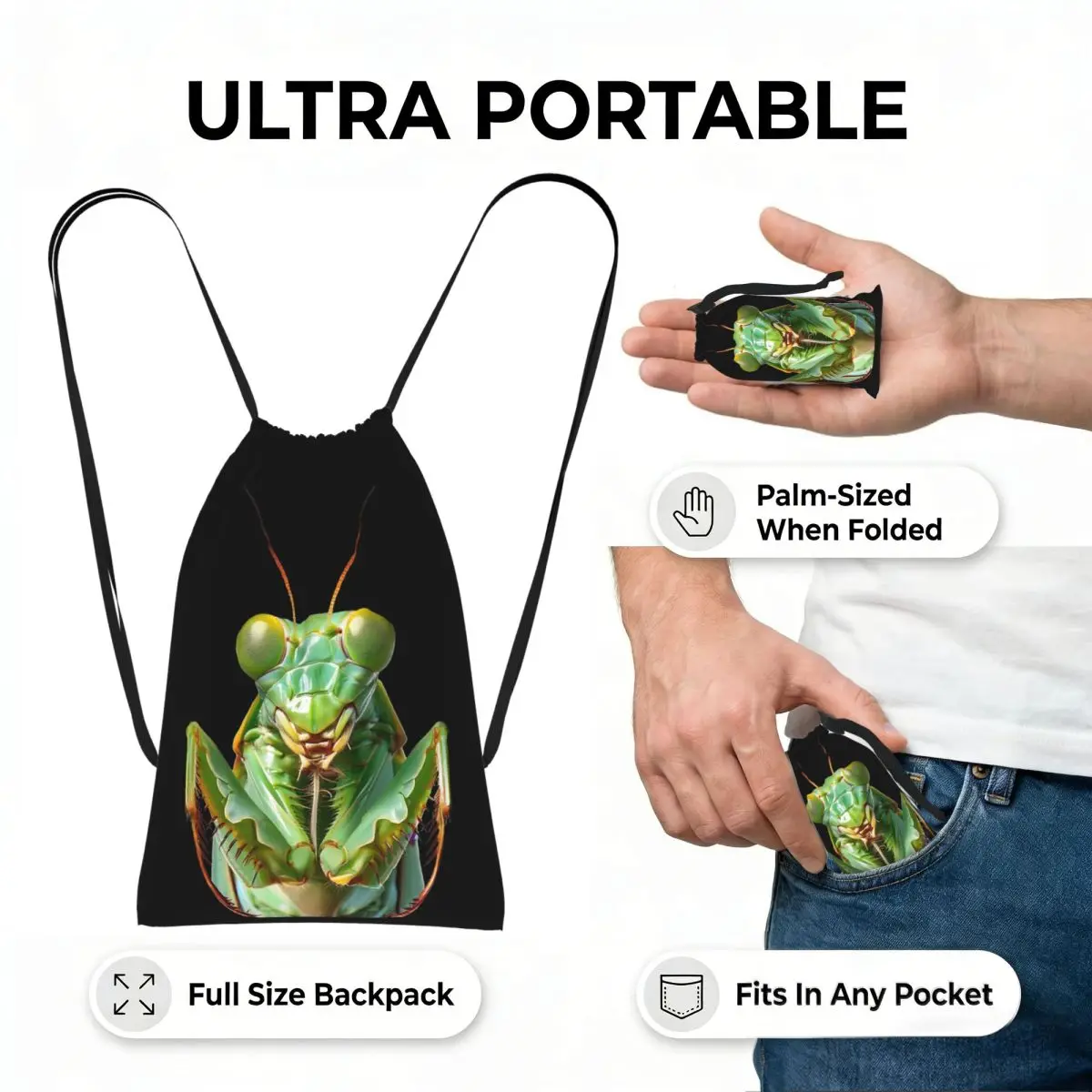 Green Praying Mantis, Eerie Insect Art Drawstring Backpack hiking cycling Bag Portable Travel Drawstring Bag for Men Women