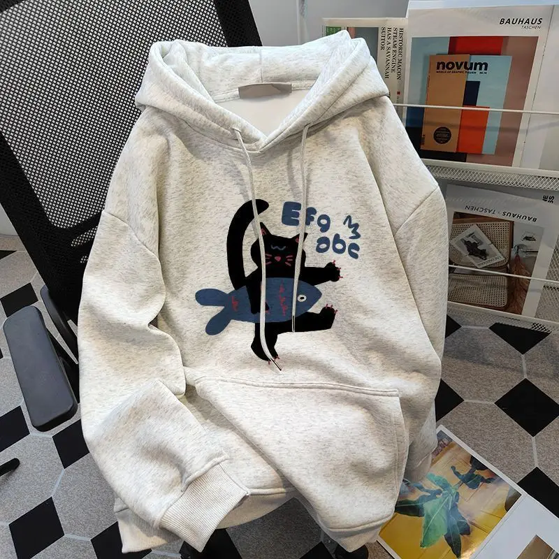 

Pure Cotton Kitten Hoodie for Women Oversized Top Loose Casual Coat Trendy Ins Pattern Clothes American Street Spring and Autumn