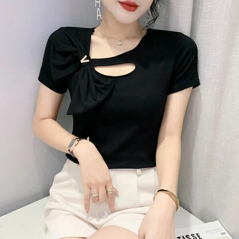 New 2023 Summer Short Sleeved Women\'s T-Shirt Fashion Casual Solid Color Bow Tops Camisetas Female Clothing