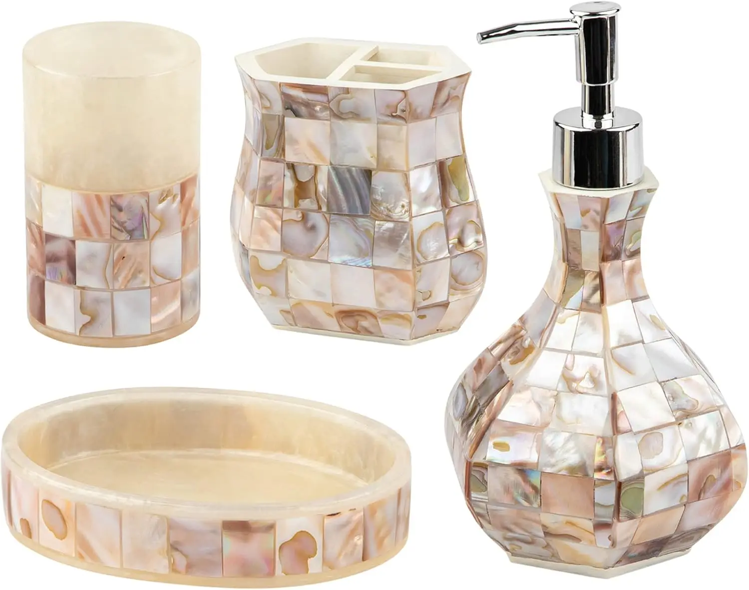 

Milano Bathroom Accessories Set - 4 Piece Bathroom Accessory Set with Natural Mother of Pearl Shells - Decorative Bathroom Set I