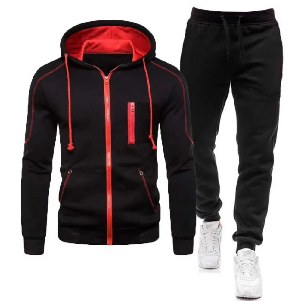 Fashion Tracksuit Men Suit Autumn New Zipper Cardigan Jacket+Sweatpants Stripe Running Fitness Basketball Jogging 2 Piece Set