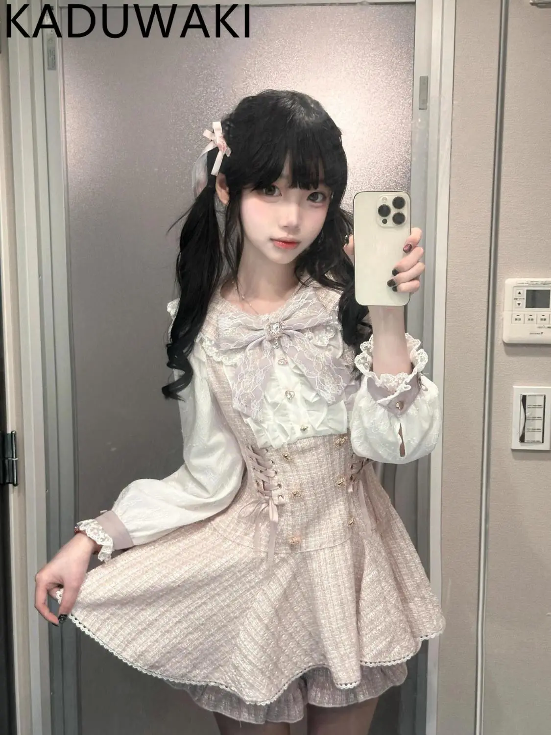 

Japanese Sweet Lolita Dress Sets Rhinestone Bow Long Sleeve Shirts Bandage Slim Overalls Dresses Kawaii Y2k Gothic Outfits
