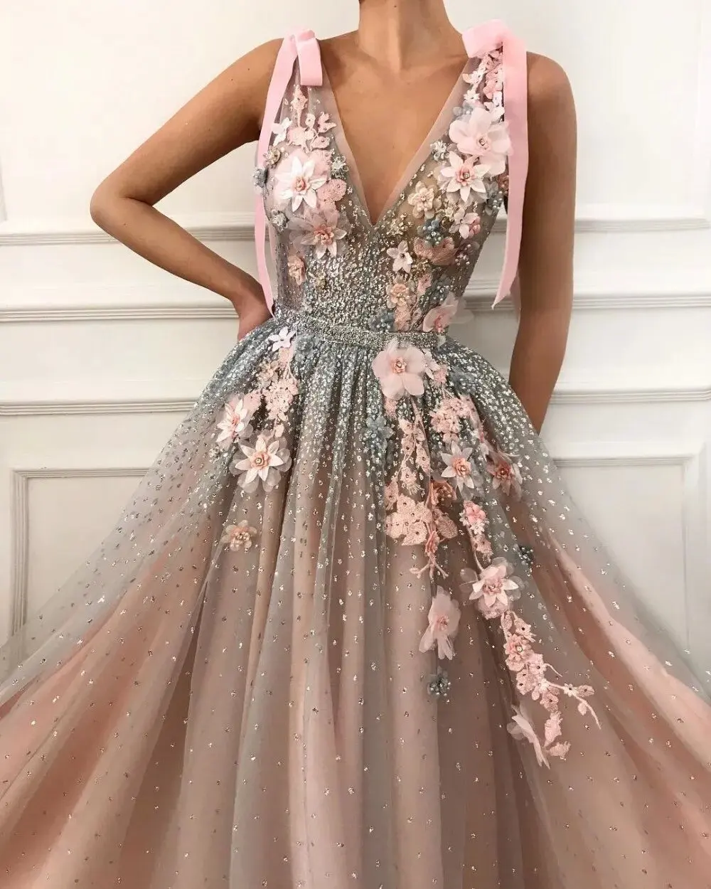 2023Pink Tulle Crystals Prom Dresses V-Neck Lace Flowers Beaded vestidos de gala Long Prom Gown Evening Dresses Party