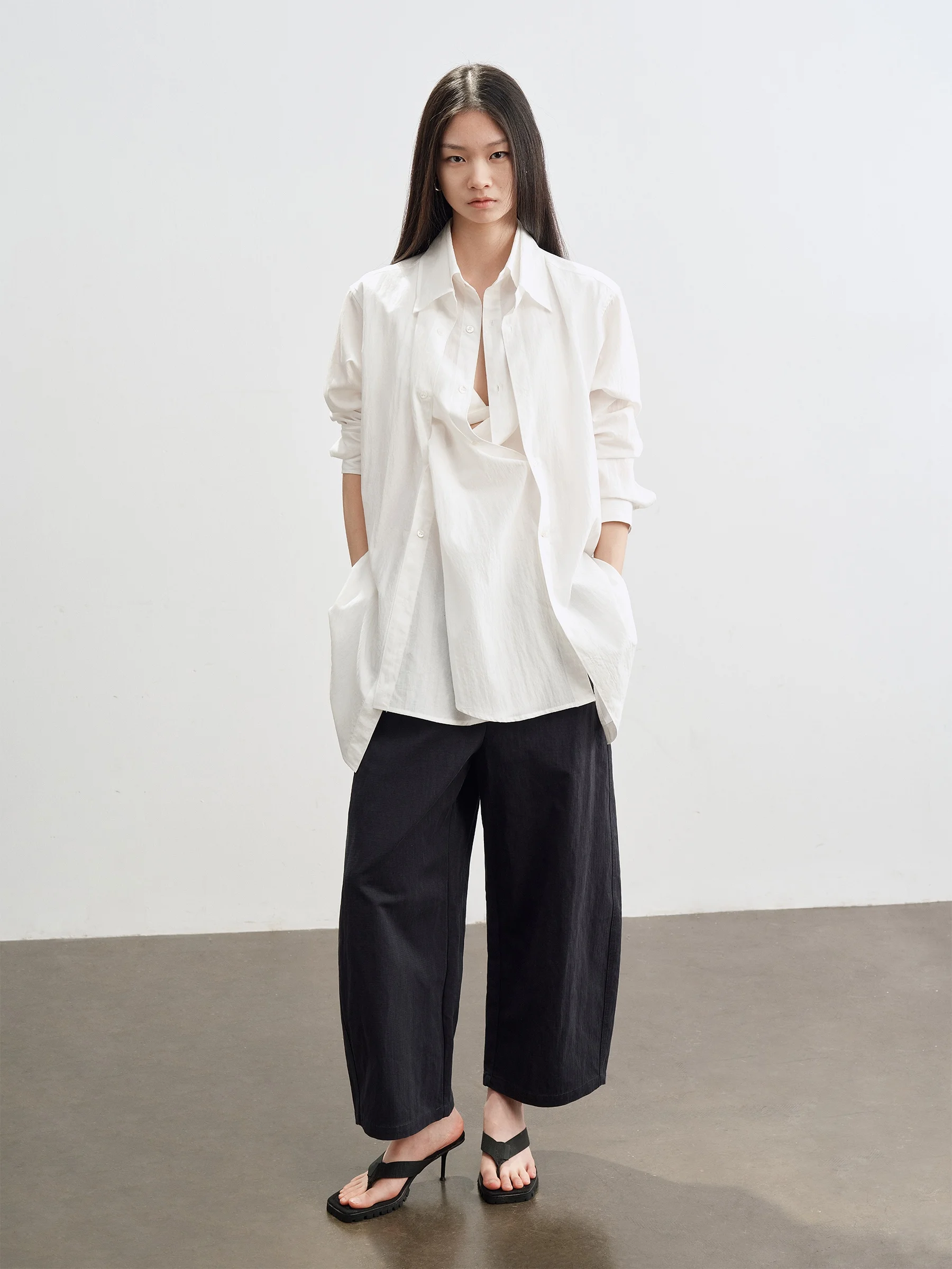 

SHKUCO Casual Style Loose Fit Long Sleeve Sun Protection Shirt Silk Cotton Blend Mock Two-Piece Design Women's Fashion Top