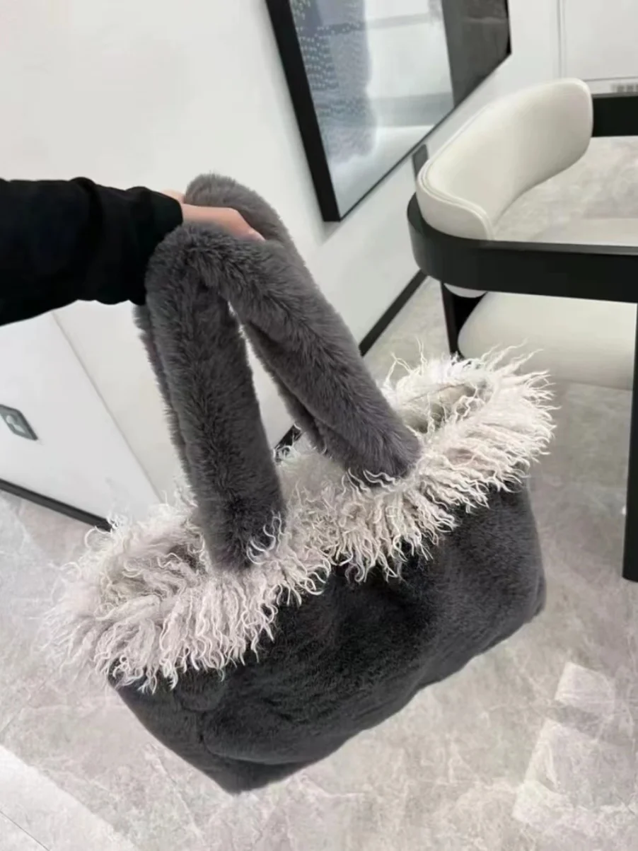 Новая женская меховая сумка-тоут 2025, осень и зима — большая вместительная сумка для мамы, плюшевая сумка на одно плечо и ручная сумка