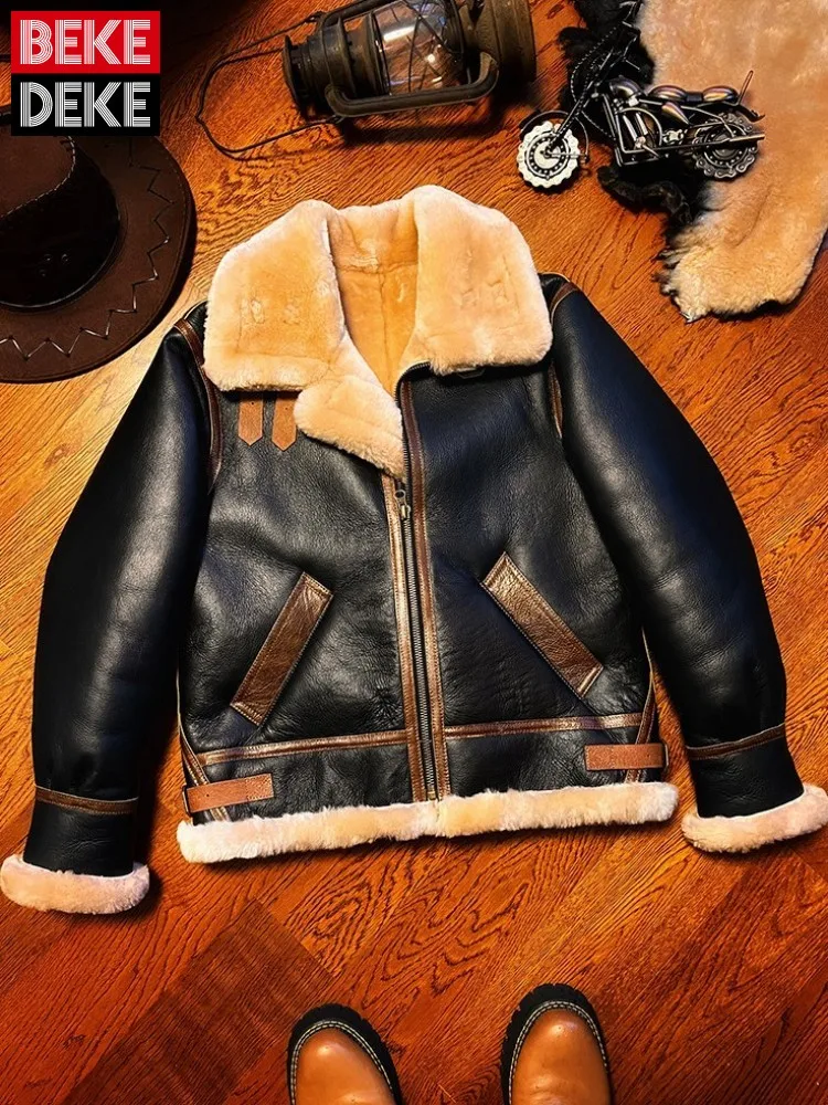 Business Casual Mens Turn Down Collar Genuine Leather Jackets Fashion Solid Color Zipper Male Pockets Sheepskin Outerwear