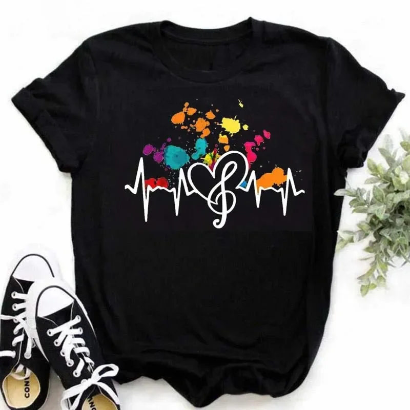 Nueva camiseta Harajuku divertida con notas musicales artísticas, camiseta a la moda para mujer, camisetas de música, camiseta de manga de talla grande, camiseta informal para mujer Y2K