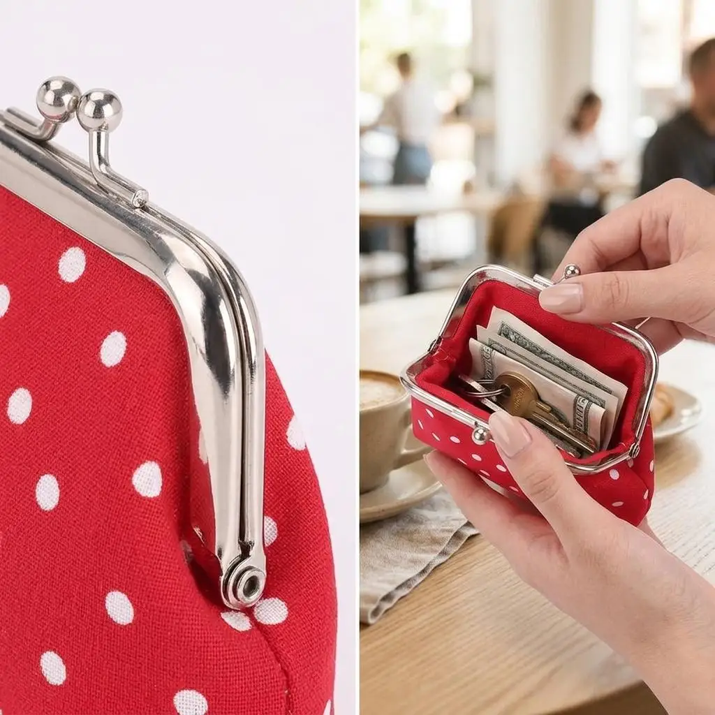 Classic Polka Dot Coin Purse Metal Frame Clasp Fabric Storage Holder Compact Small Pouch Vintage Female Change Wallet Pack