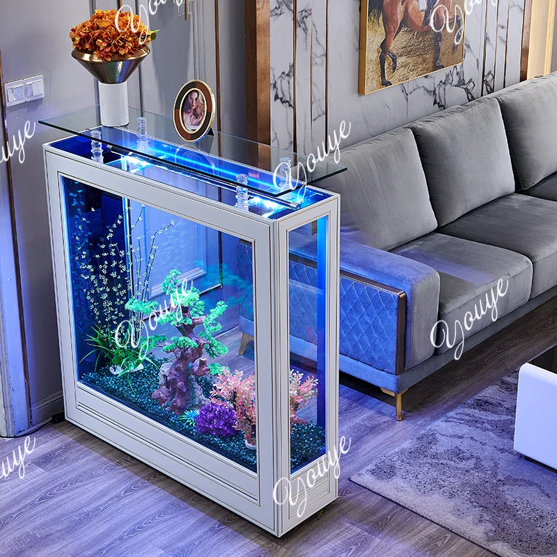 

Light luxury fish tank living room home medium and large ultra-white glass floor-to-ceiling ecological aquarium partition screen