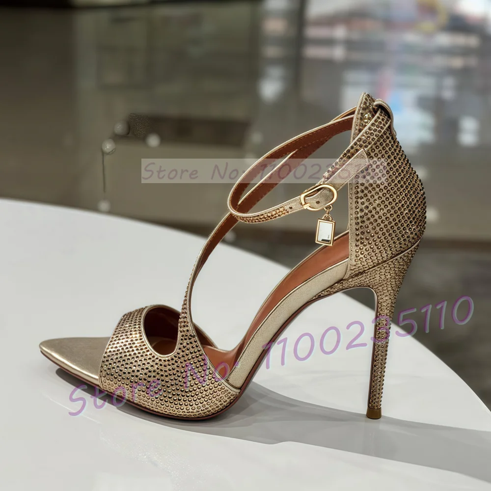 Champagner Strass Cross Strap Sandalen Frauen Schimmer Offene Spitze Zehen Abdeckung Ferse Schuhe Damen Edelstein Anhänger High Heel Sandalen